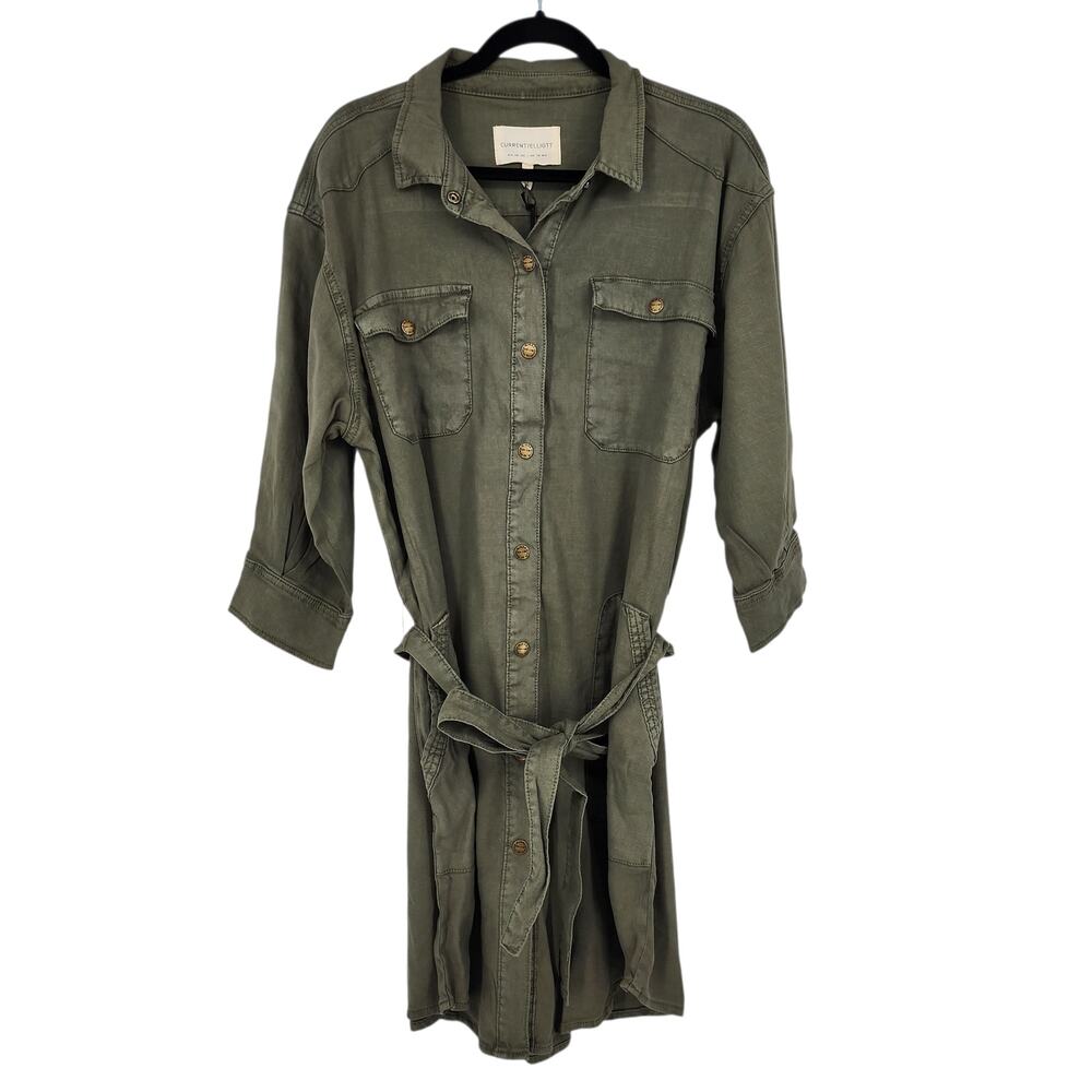 NWT Current/Elliott The Destiny Green Linen Blend 3/4 Sleeve Shirt Dress Size L